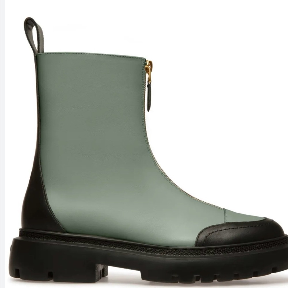 Bally Green and Black Combat Boots with Chunky Sole and Zipper Closure